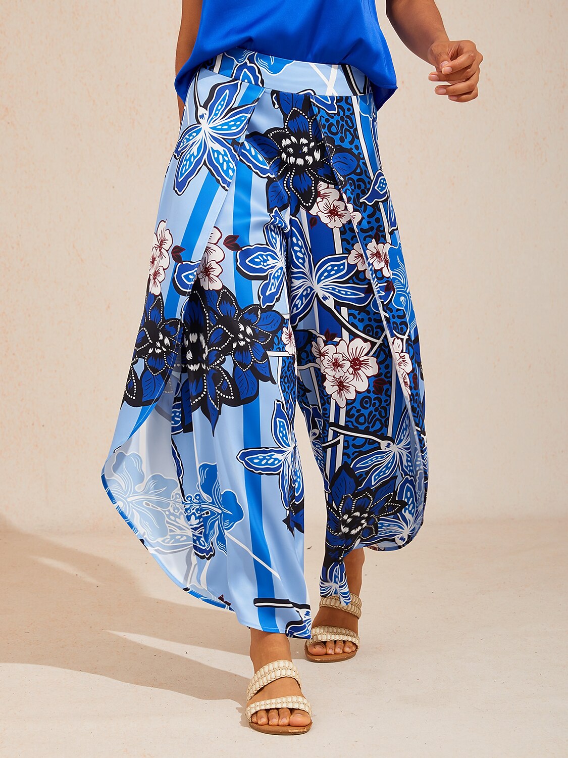 Azure Bloom Satin Slit Wide Leg Pants
