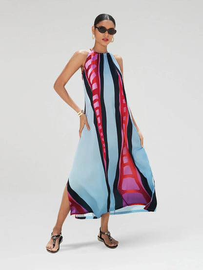 Satin Halter Neck Rainbow Print Maxi Dress