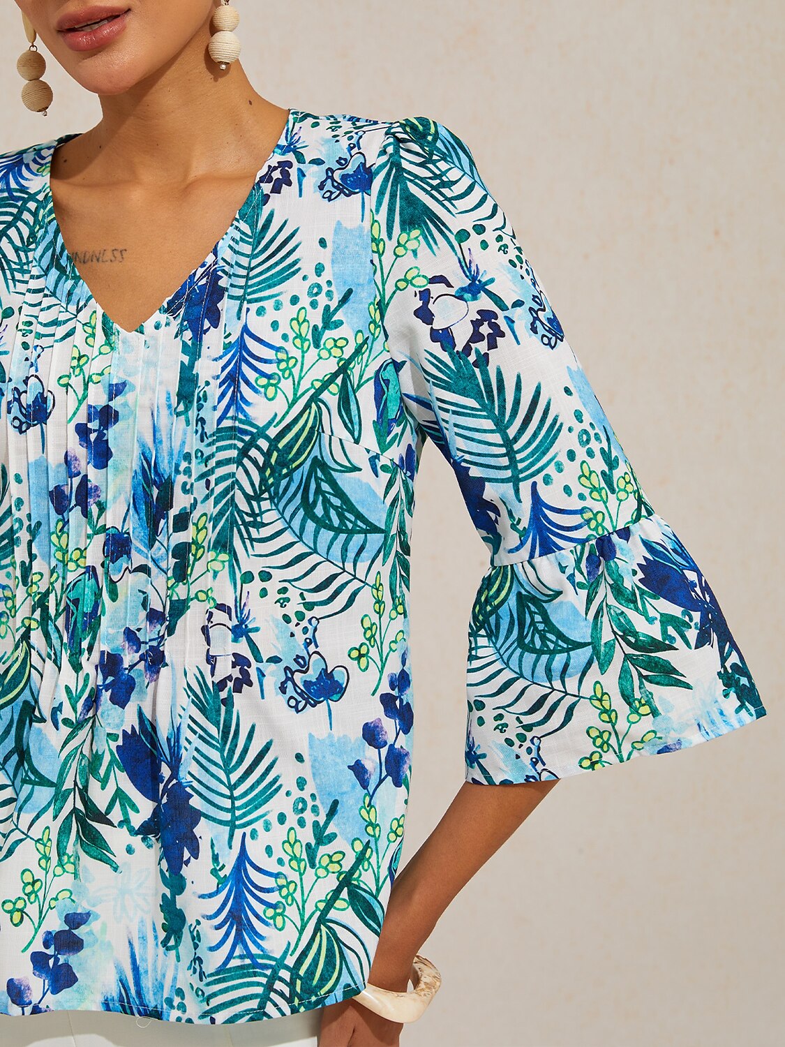 Cobalt Flora Reverie Linen Look V Neck Blouse