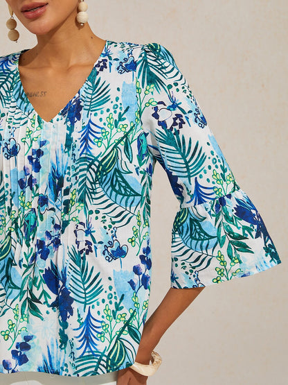 Cobalt Flora Reverie Linen Look V Neck Blouse