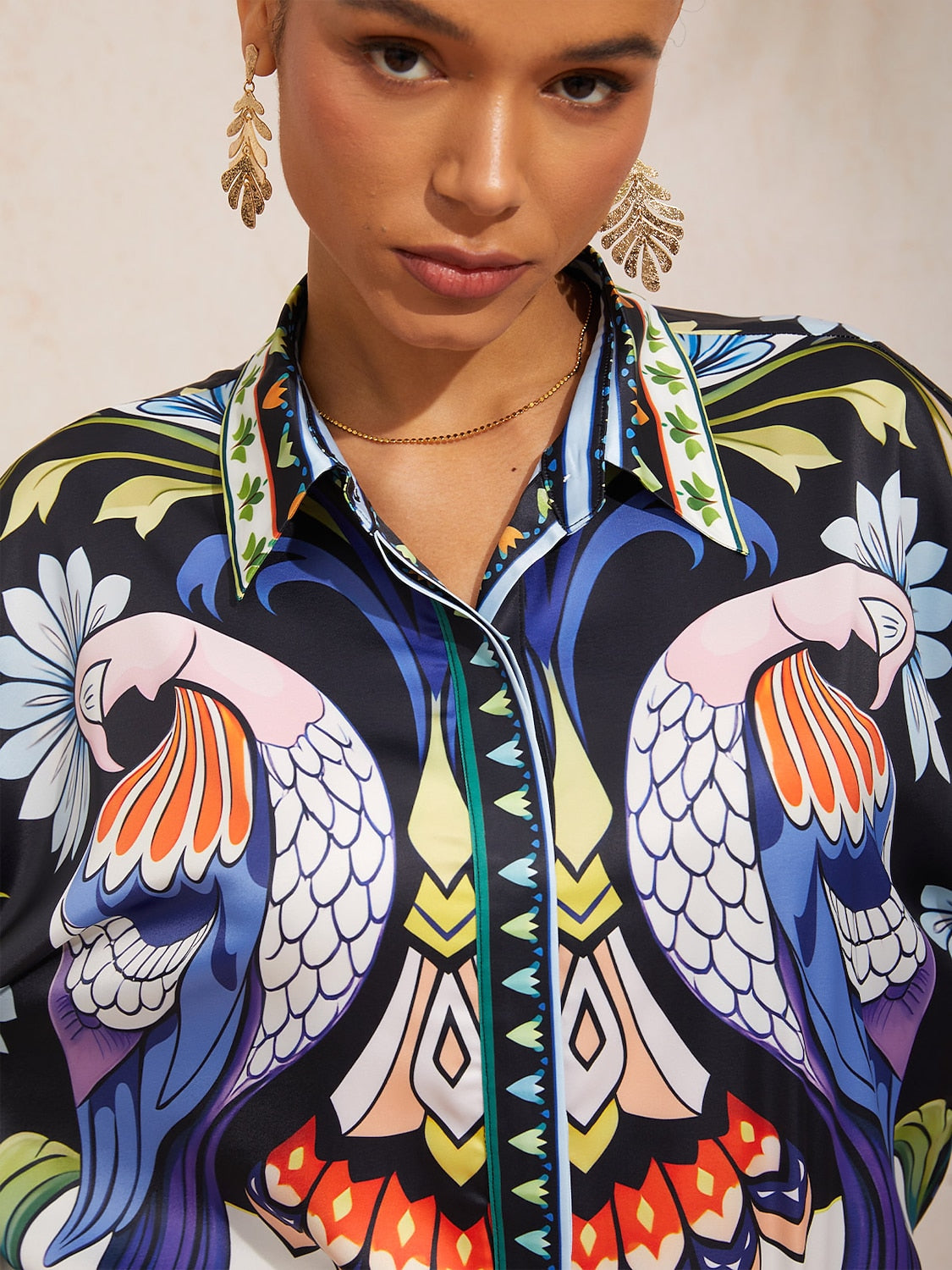 Mallorca Blossom Silky Satin Dolman Sleeve Button Down Shirt