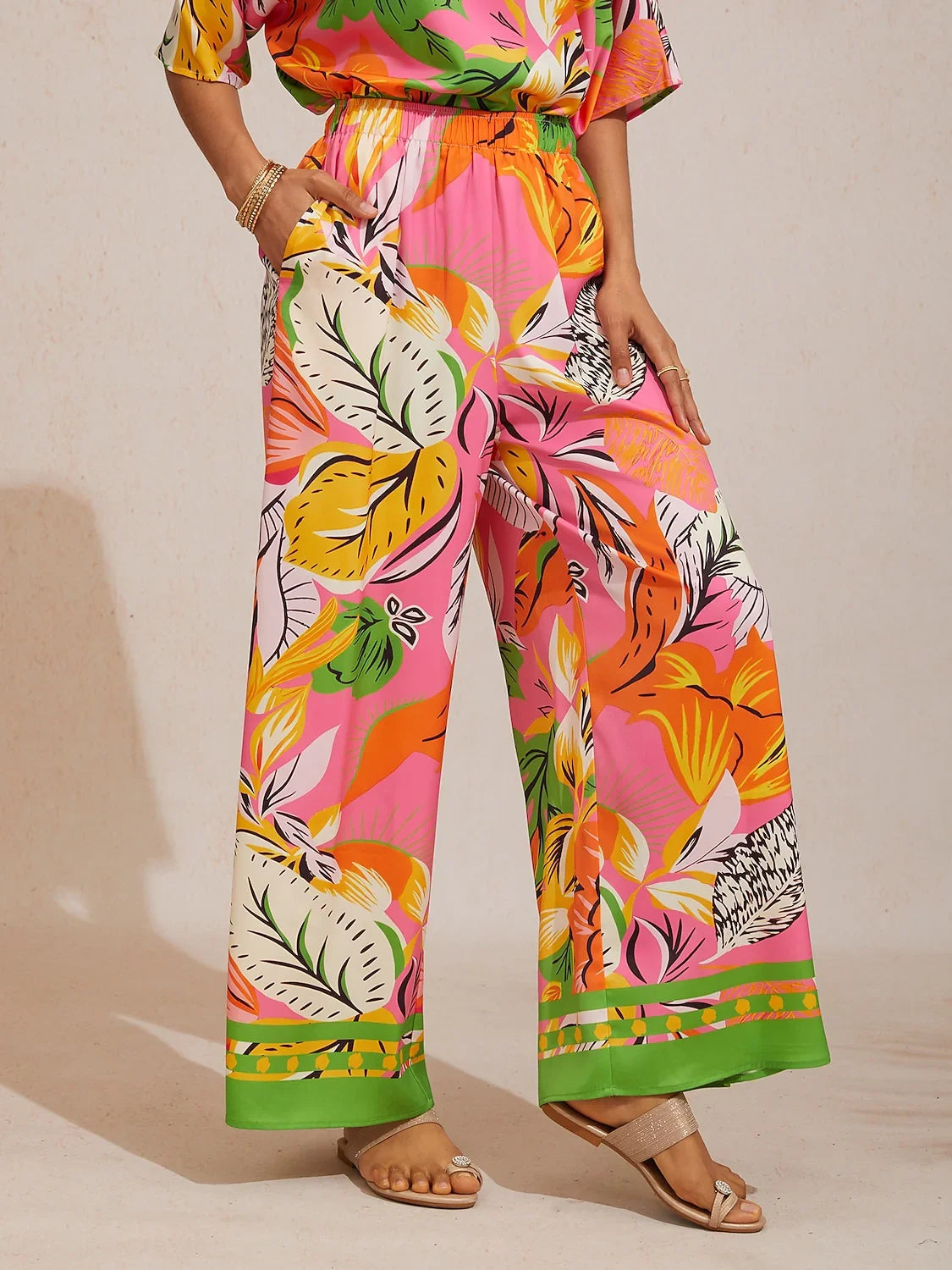 Summer Night Palm Silky Satin Wide Leg Pants