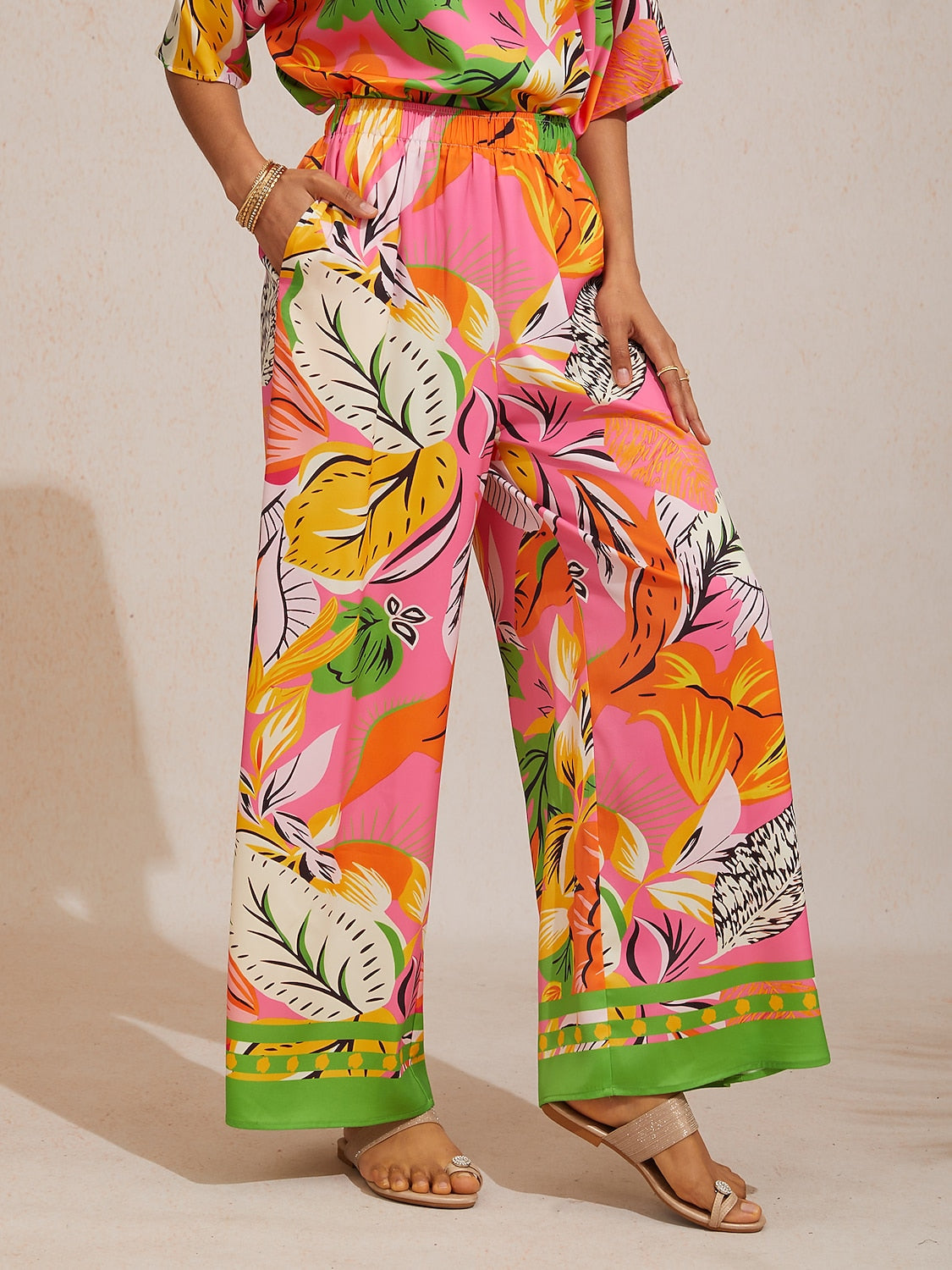 Summer Night Palm Silky Satin Wide Leg Pants