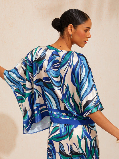 Marble Flora Silky Satin Dolman Sleeve Batwing Top