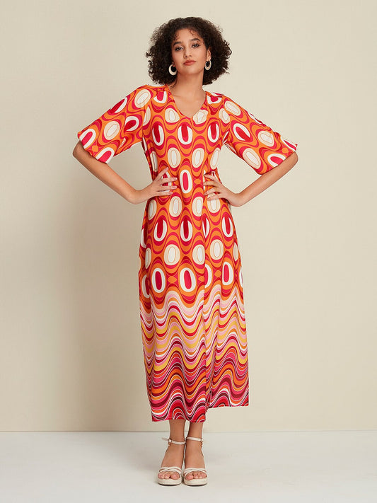 Bohemia Style Satin Lines Waves Maxi Dress