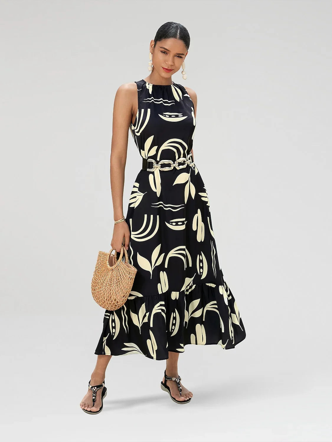 Satin Leaves Print Sleeveless Maxi Dress (No Belt)