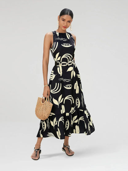 Satin Leaves Print Sleeveless Maxi Dress (No Belt)