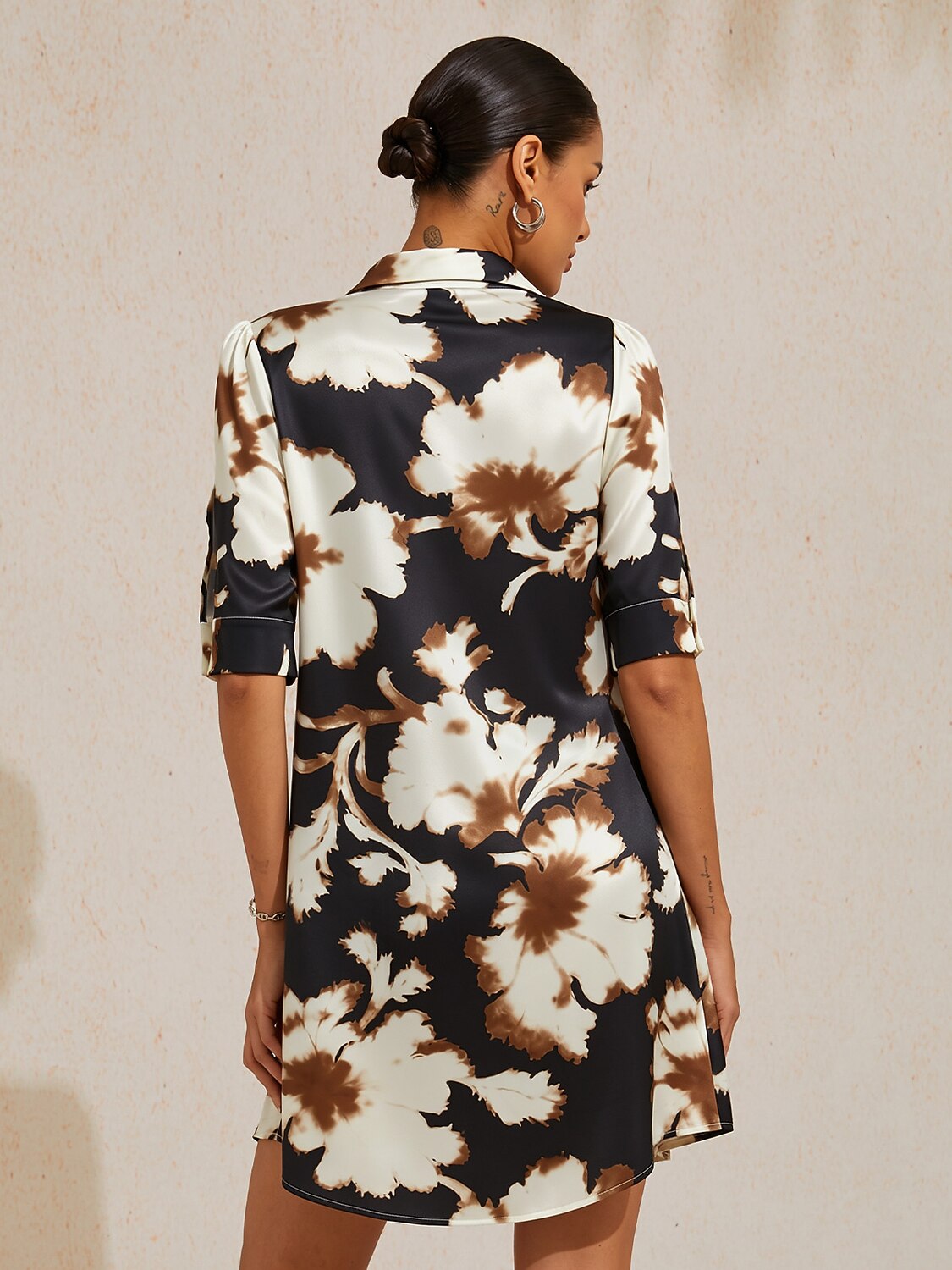 Sepia Noir Bloom Silky Satin Shirt Dress