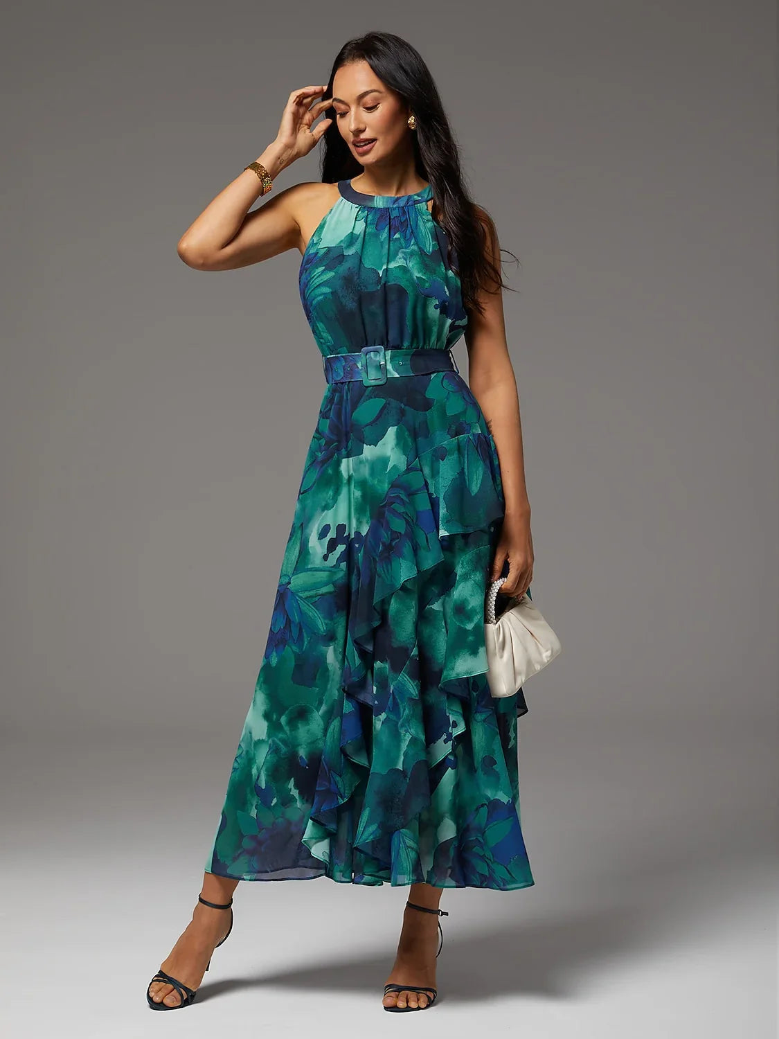 Abstract Floral Ruffle Chiffon Maxi Dress