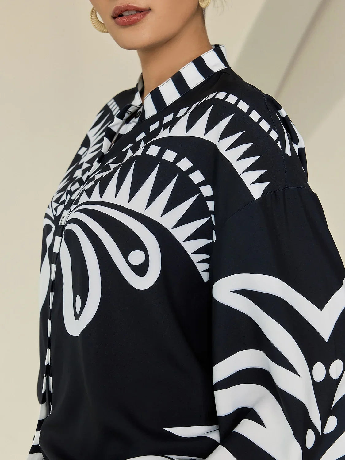 Black Satin Geometric Print Flare Cuff Blouse