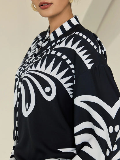 Black Satin Geometric Print Flare Cuff Blouse
