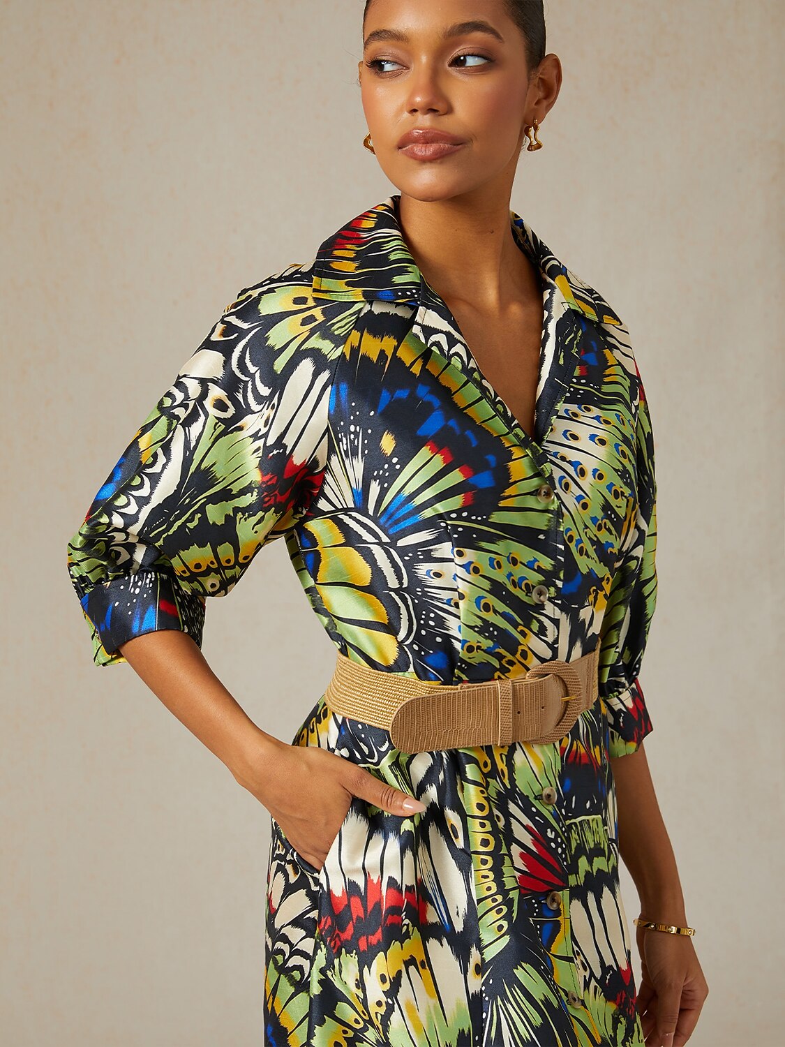 Jungle Butterfly Satin Trench-Style Maxi Dress