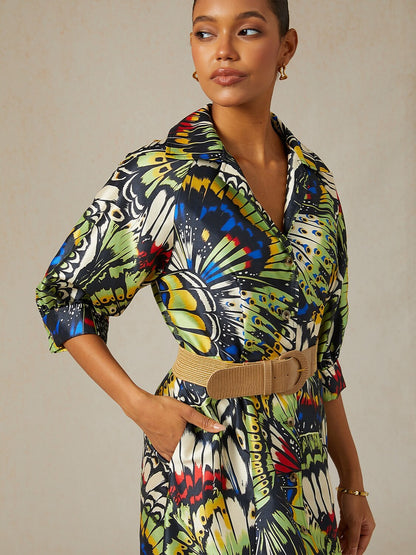 Jungle Butterfly Satin Trench-Style Maxi Dress