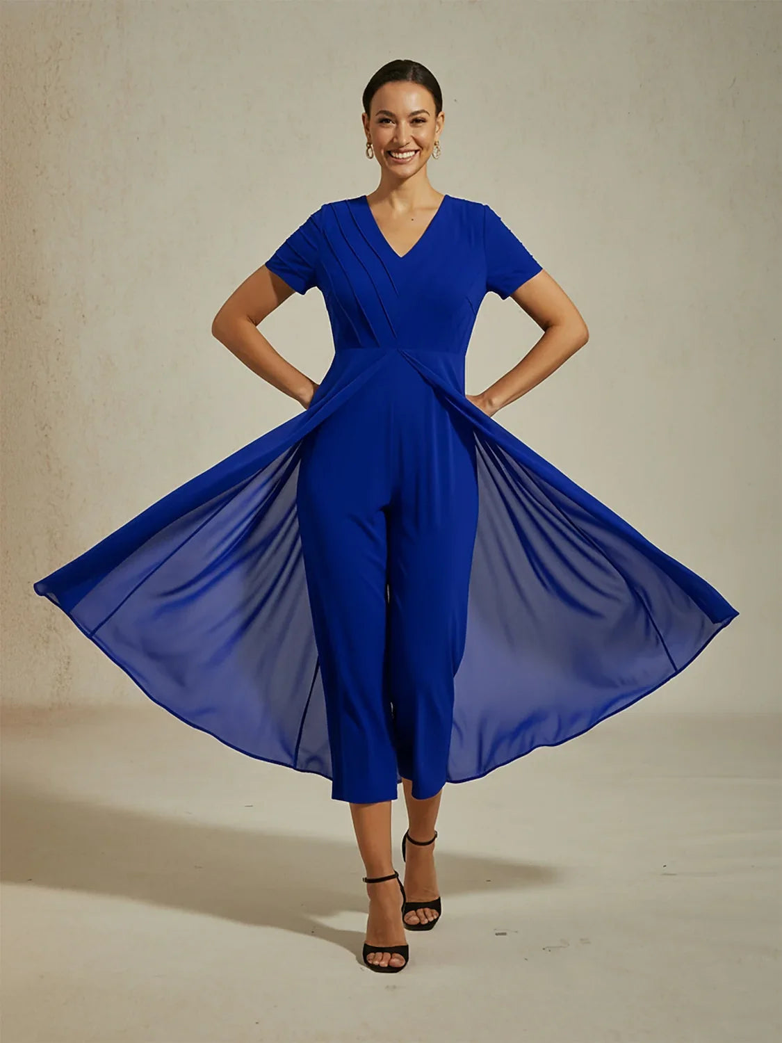 Paneled Design Faux Flowy Sheer Stretch Fabric Jumpsuit