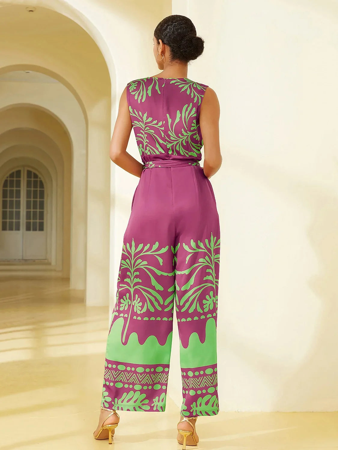 Satin Plant Print V-Neck Jumpsuit