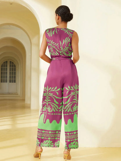Satin Plant Print V-Neck Jumpsuit