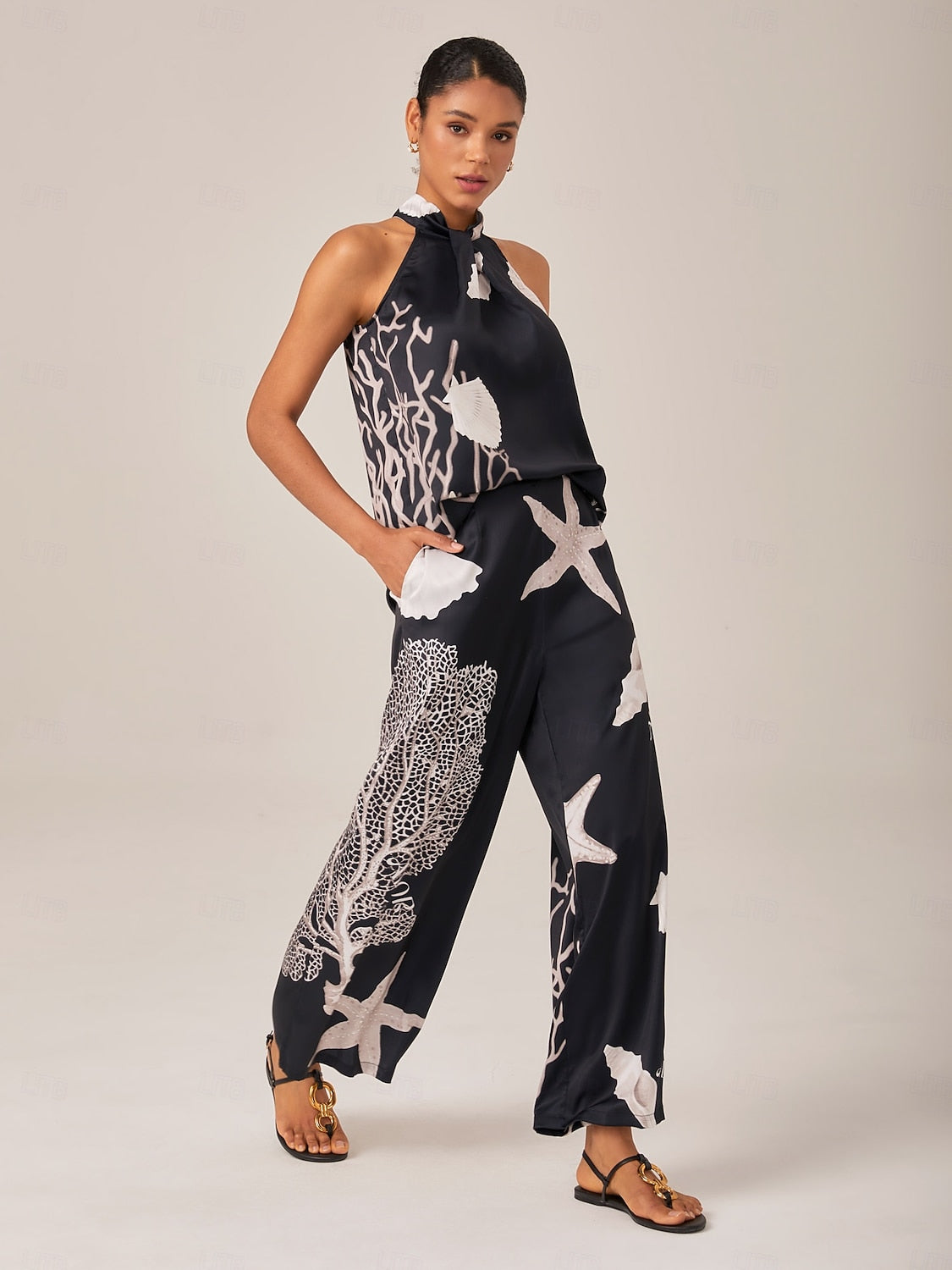 Ocean Print Satin Sleeveless Set