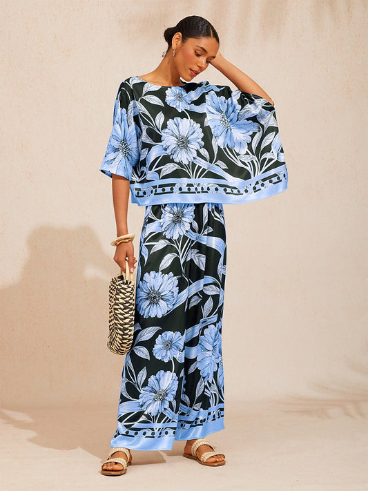 Glacier Blue Petal Silky Satin Dolman Sleeve Top