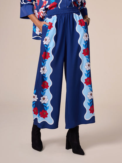 Satin Loose Wide Leg Vacation Artistic/ Retro Printing Causal Pants