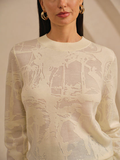 Organza Wool Knit Floral Crew Neck Sweater