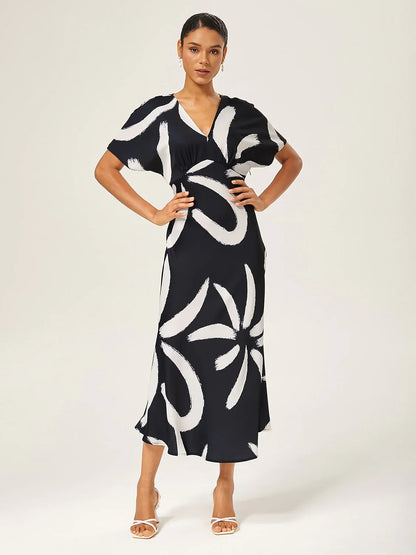 Abstract Floral Print Satin Maxi Dress