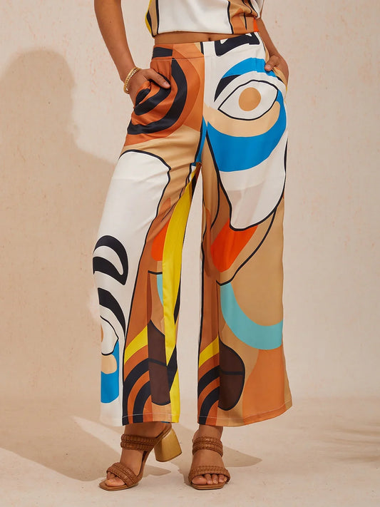 Abstract Art Silky Satin Elastic Waist Wide Leg Pants