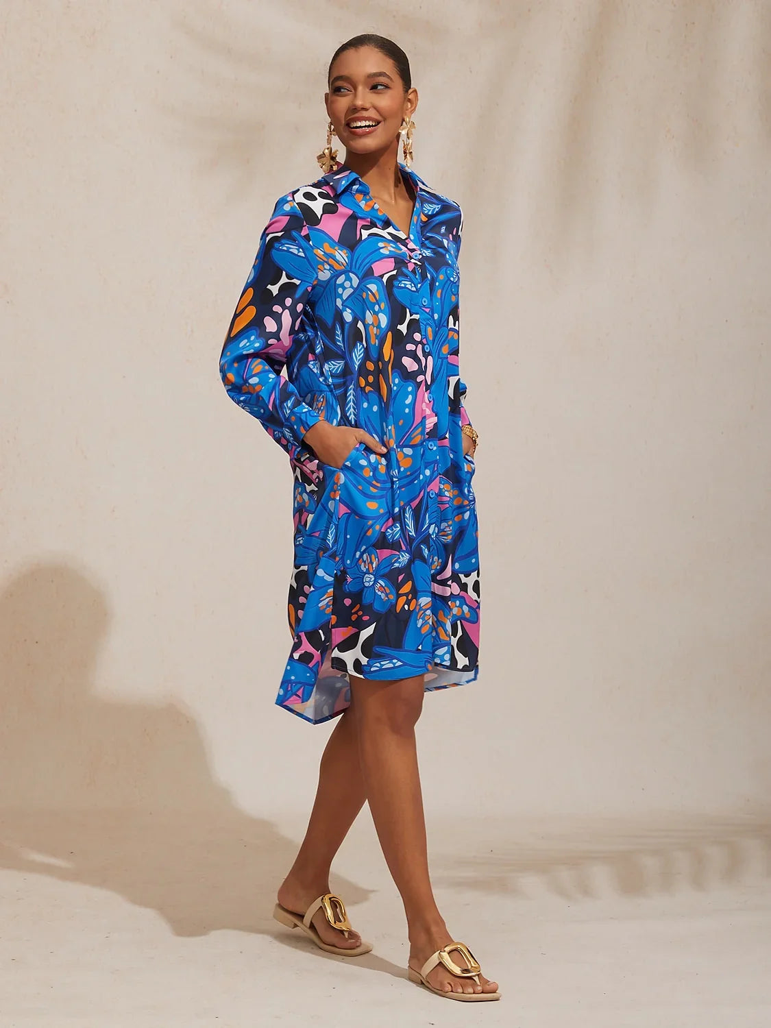 Abstract Azure Silky Satin Dot Shirt Dress