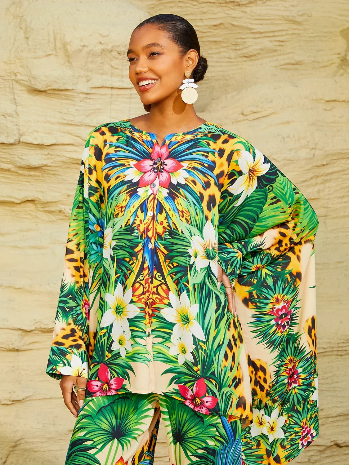 Tropical Temptation Flowy Chiffon Dolman Sleeve Blouse