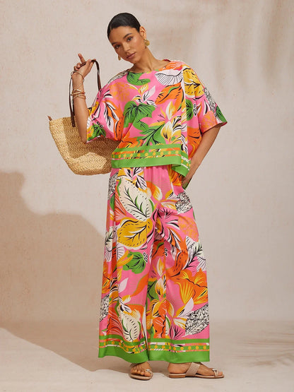 Summer Night Palm Silky Satin Wide Leg Pants