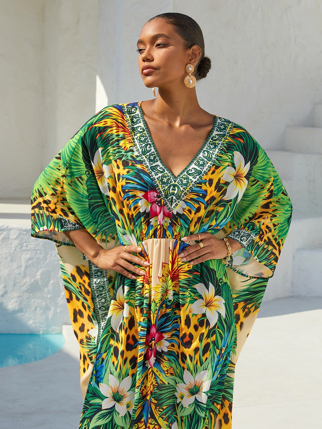 Tropische Versuchung Fließender Chiffon-Leoparden-Kaftan