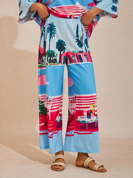Santorini Summer Silky Satin Wide Leg Pants