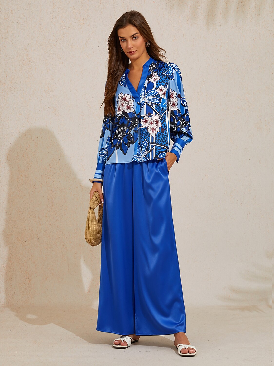 Silky Satin Blue Elastic Waist Wide Leg Pants