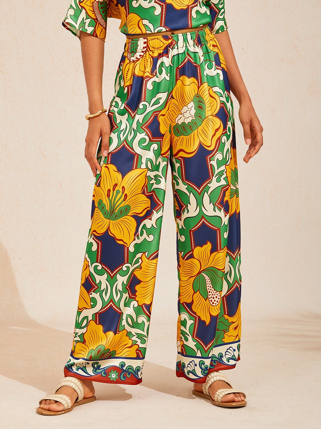 Emerald Bloom Bazaar Silky Satin Wide Leg Pants