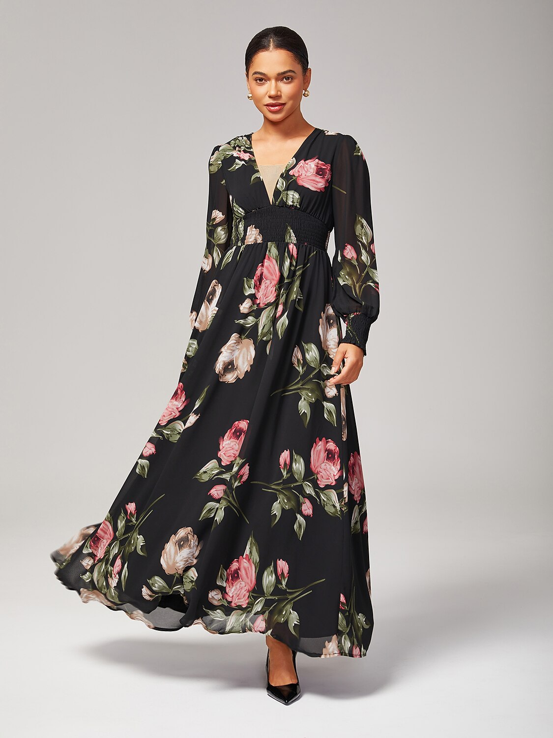 Floral Print Flowy Chiffon Maxi Dress
