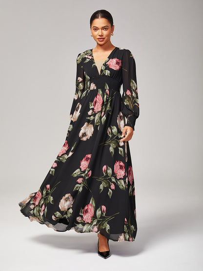 Floral Print Flowy Chiffon Maxi Dress