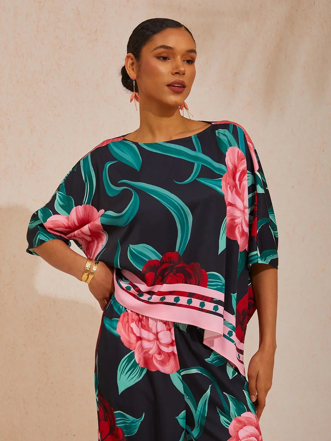Summer Night Palm Silky Satin Dolman Sleeve Top