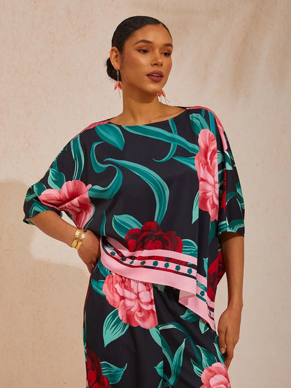 Summer Night Palm Silky Satin Dolman Sleeve Top