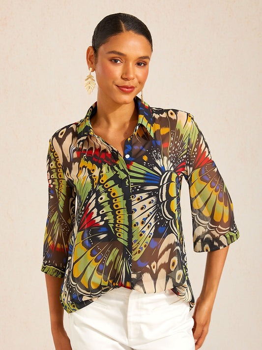 Jungle Butterfly Flowy Chiffon Shirt