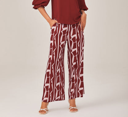 Ruched Waist Blue Printed Straight-Leg Pants