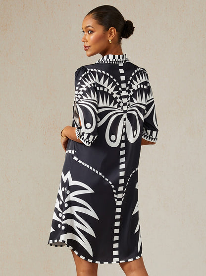 Noir Geometry Silky Satin Shirt Dress