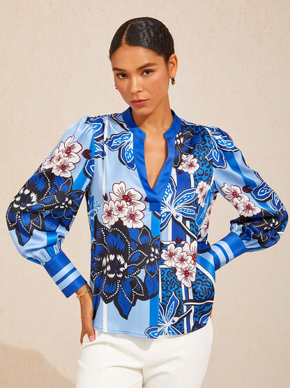 Azure Bloom Silky Satin Blouse