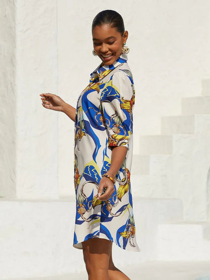 Ocean Blue Orchid Silky Satin Floral Shirt Dress