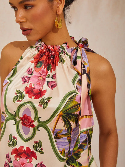 Hawaii Palm Silky Satin Floral Top