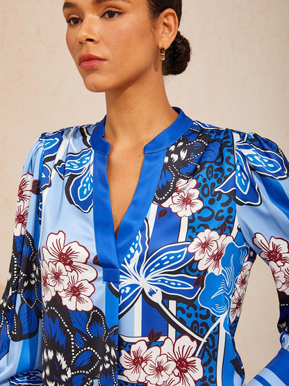 Azure Bloom Silky Satin Blouse