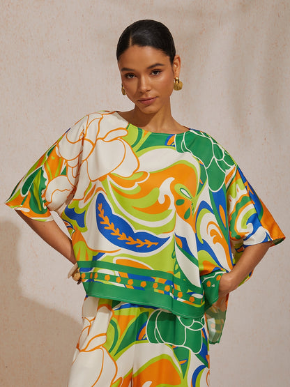 Emerald Rose Garden Silky Satin Sleeve Batwing Top