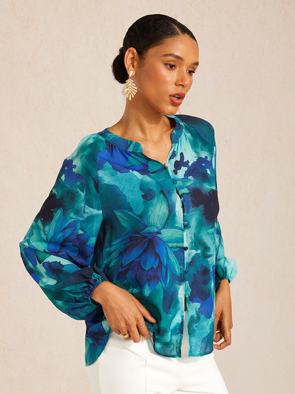Ocean Bloom Reverie Floral Chiffon Crop Top