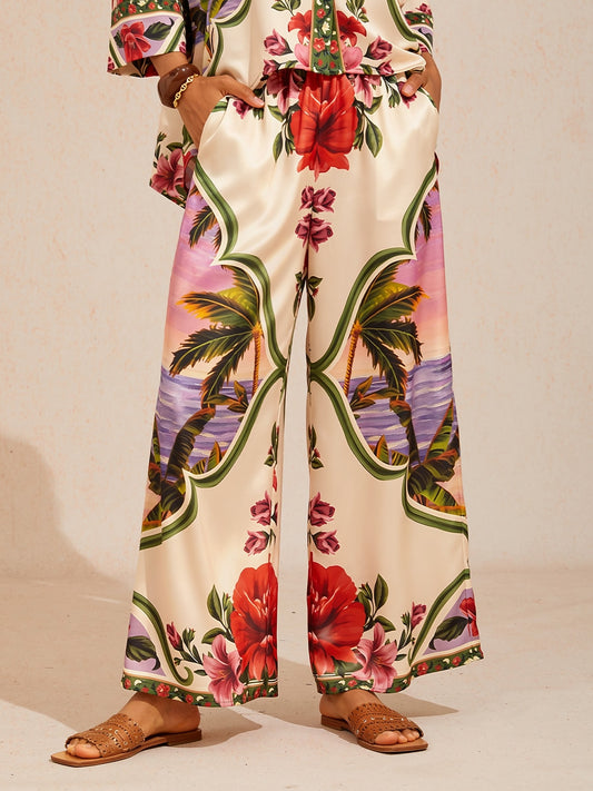 Hawaii Palm Silky Satin Wide Leg Pants