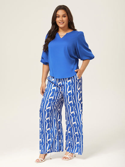 Ruched Waist Blue Printed Straight-Leg Pants
