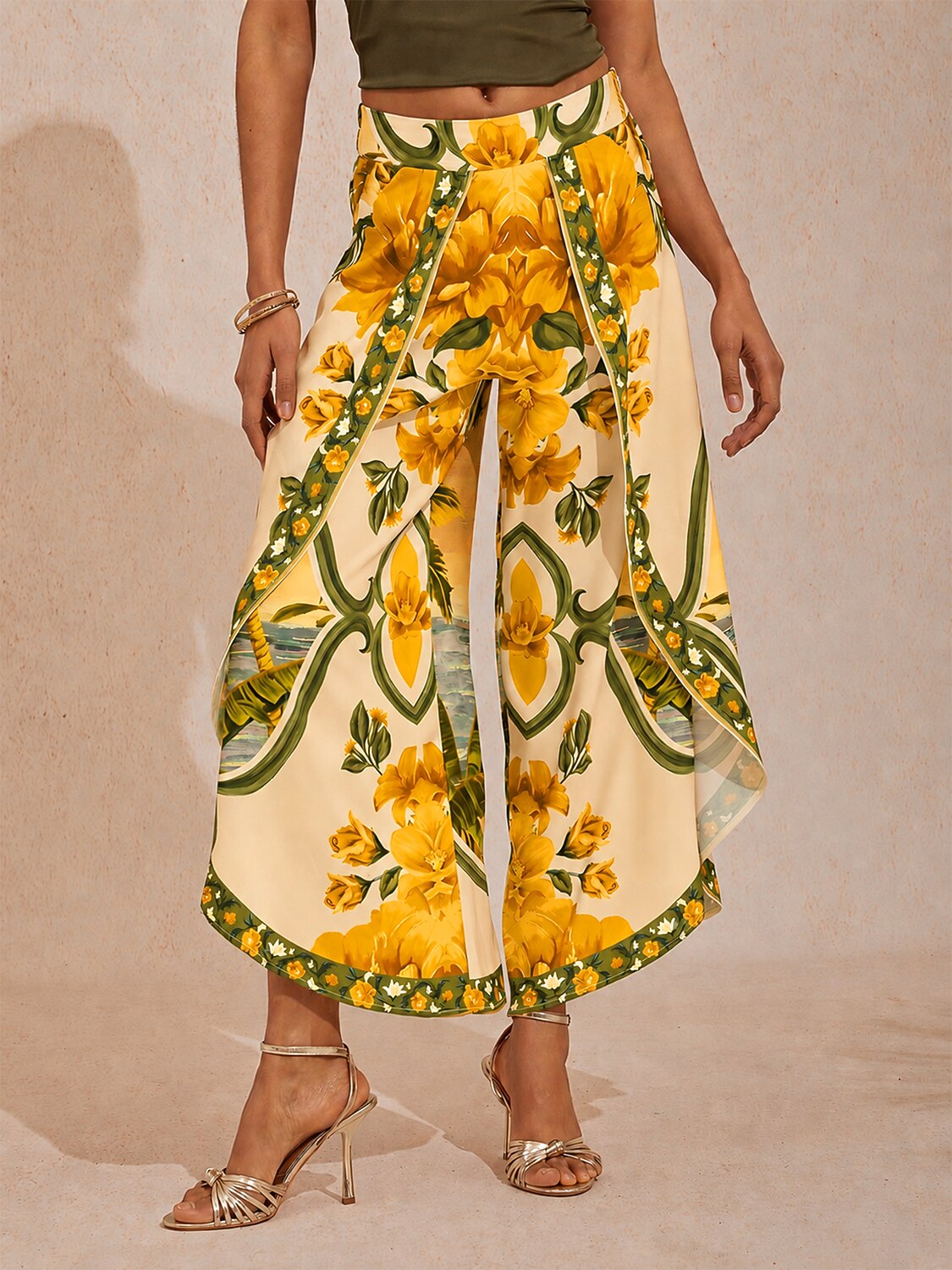 Hawaii Palm Satin Slit Wide Leg Pants