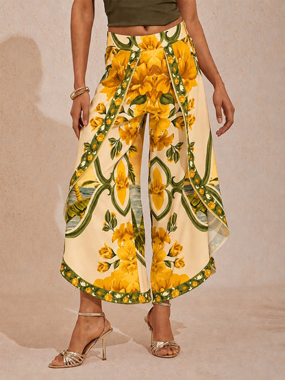 Hawaii Palm Satin Slit Wide Leg Pants